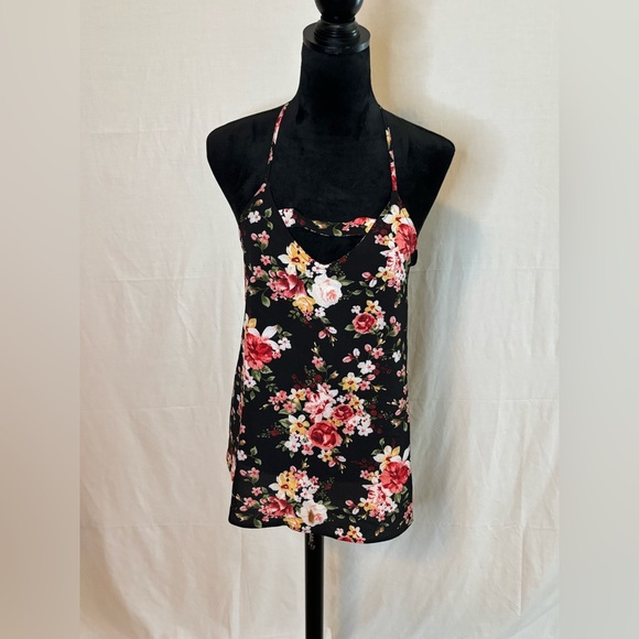 Haute Monde Black and Pink Floral Halter Camisole - Picture 1 of 6